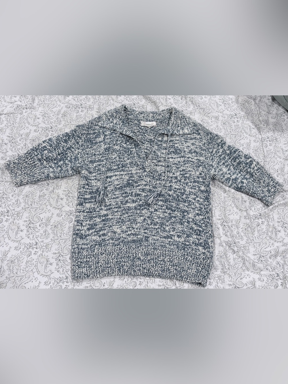 Anthropologie Marled Blue & White V‑Neck Polo Sweater